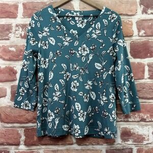 Chicos Top Women's M Teal Blue Floral Pima Cotton 3/4 Sleeve Casual Everyday Top
